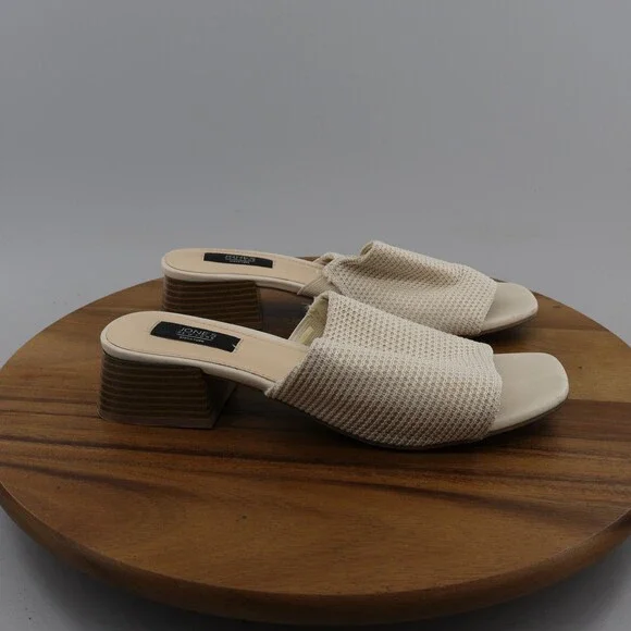 Jones New York Size 8M sandals slip on shoes block heel textile strps ivory nice - Picture 2 of 10
